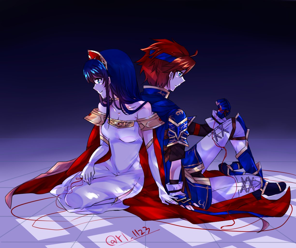 1boy 1girl armor artist_request blue_eyes blue_hair blush cape couple dress fire_emblem fire_emblem:_fuuin_no_tsurugi fire_emblem_heroes gloves hat hetero jewelry lilina long_hair redhead roy_(fire_emblem) short_hair smile