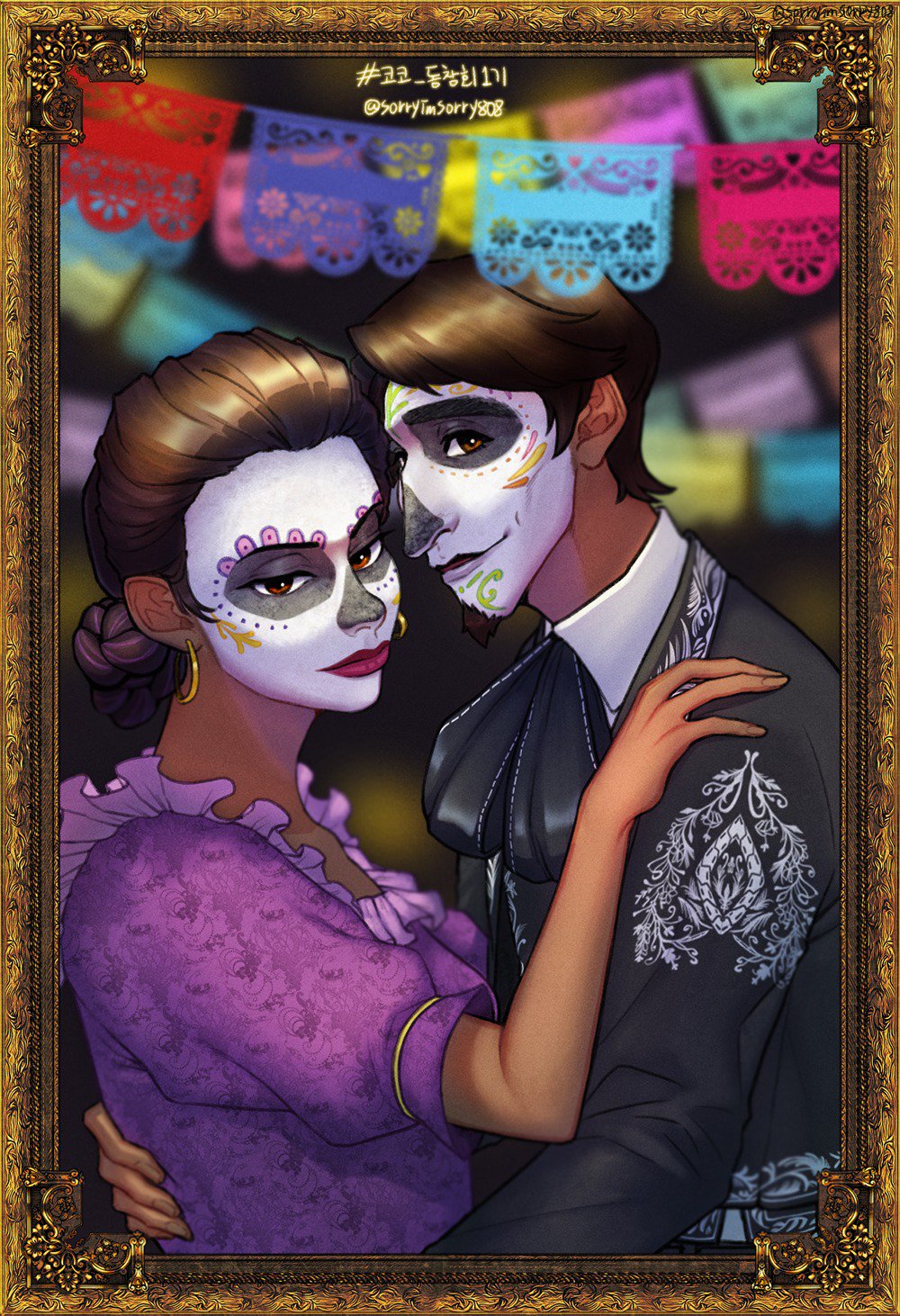 1boy 1girl black_hair braid coco_(disney) couple dancing dark_skin dark_skinned_male disney dress earrings facial_hair goatee hector_rivera hector_rivera_(alive) highres imelda_rivera imelda_rivera_(alive) jewelry long_hair mexican_dress short_hair smile spoilers