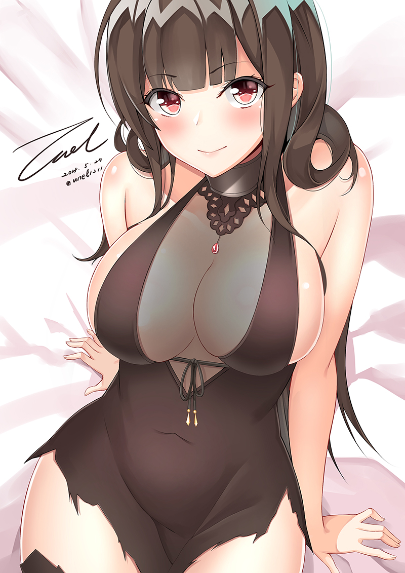 1girl ahoge alternate_costume arm_support arm_under_breasts armlet bangs black_dress blunt_bangs blush breast_lift breasts brown_hair casual champagne_flute choker cleavage closed_mouth covered_navel cup dated dress drinking_glass dsr-50_(girls_frontline) earrings eyebrows_visible_through_hair girls_frontline hair_ornament hair_over_shoulder holding holding_drinking_glass jewelry large_breasts leaning_back long_hair looking_at_viewer no_bra pendant red_eyes ring ruby_(stone) sideboob sidelocks signature sitting skindentation smile solo thighs torn_clothes torn_dress twitter_username unel upper_body very_long_hair wedding_band