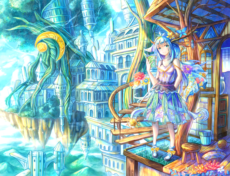 1girl blue_hair breasts bug butterfly cleavage collarbone eyebrows_visible_through_hair fan green_eyes insect kutsunohito looking_at_viewer medium_breasts medium_hair original outdoors ribbon scenery solo stairs stool tree yellow_ribbon