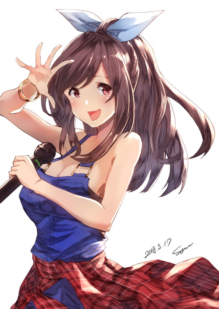 1girl arm_up bangs bare_shoulders blue_ribbon blush bracelet breasts brown_eyes brown_hair checkered checkered_shirt cleavage clothes_around_waist dated denim hair_ribbon holding holding_microphone idolmaster idolmaster_shiny_colors jewelry large_breasts long_hair looking_at_viewer microphone open_mouth overalls ponytail red_shirt ribbon shirt shirt_around_waist sideboob signature simple_background smile solo sone_(takahiro-osone) spread_fingers swept_bangs tsukioka_kogane upper_body white_background