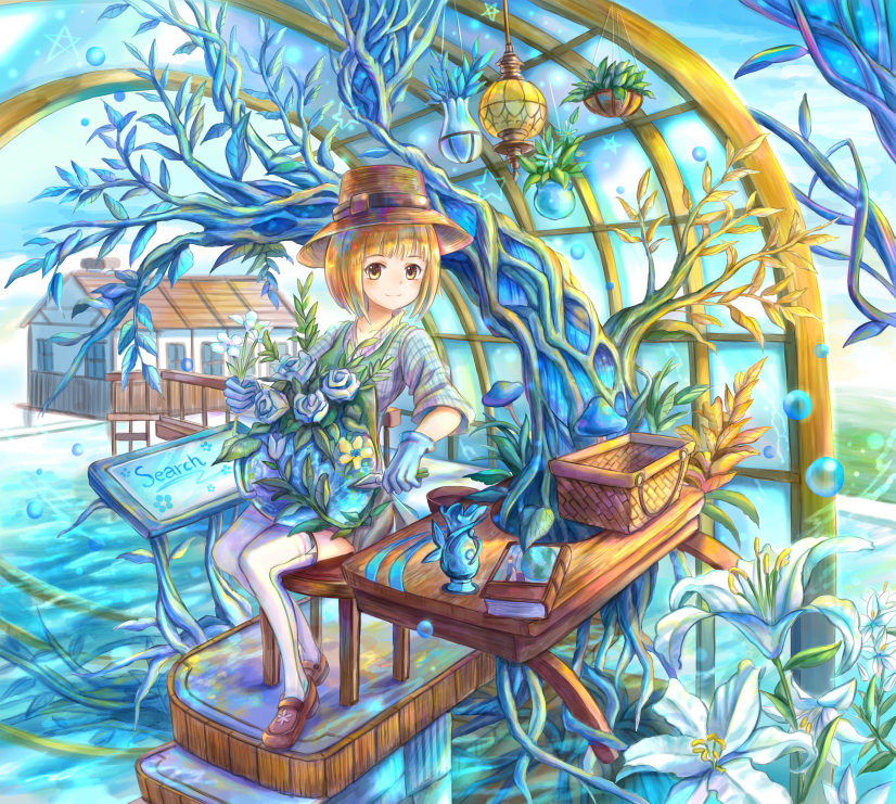 1girl basket blonde_hair blue_gloves blush book brown_eyes bubble chair closed_mouth collarbone gloves hanging_plant hat kutsunohito lamp looking_at_viewer original outdoors scenery short_hair sitting smile solo table thigh-highs water white_legwear