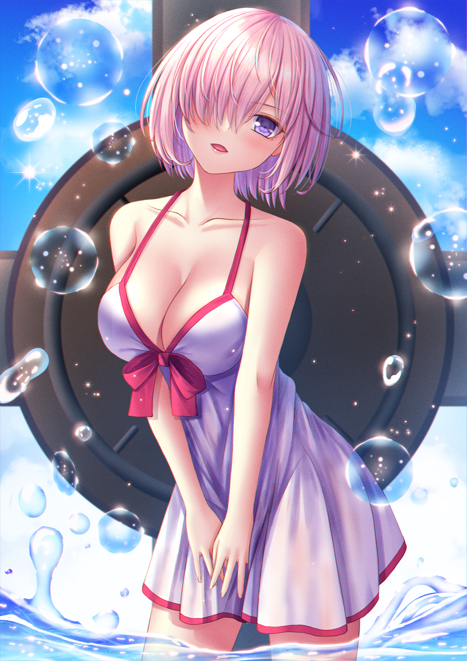 1girl blue_sky bow breasts cleavage clouds cloudy_sky collarbone cowboy_shot eyebrows_visible_through_hair fate/grand_order fate_(series) hair_over_one_eye highres looking_at_viewer mash_kyrielight medium_breasts ocean one-piece_swimsuit outdoors parted_lips purple_hair short_hair sky solo splashing swimsuit swimsuit_of_perpetual_summer toshi_(1-147) violet_eyes wading water