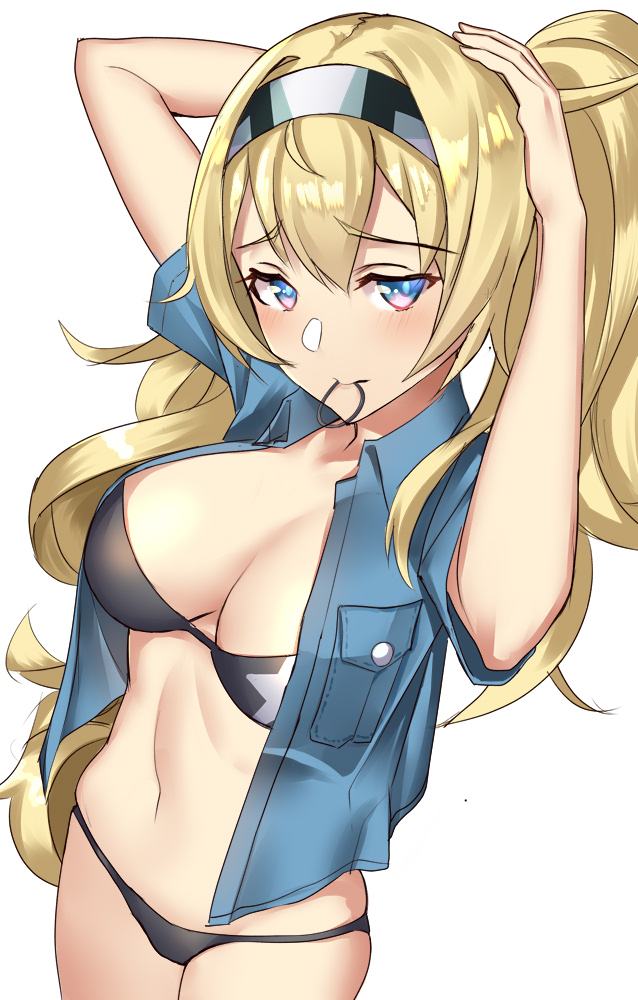 1girl black_bra black_panties blonde_hair blue_eyes blue_shirt blush bra breast_pocket breasts cleavage collared_shirt cowboy_shot gambier_bay_(kantai_collection) hairband kantai_collection large_breasts looking_at_viewer midriff mouth_hold navel open_clothes open_shirt pallad panties pocket shirt short_sleeves simple_background solo tying_hair underwear white_background