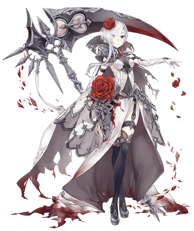 1girl blood bloody_clothes blue_eyes boots breasts covered_navel flower full_body garter_straps gloves hair_flower hair_ornament high_collar holding holding_weapon jino knee_boots legs_crossed official_art rose scythe sinoalice small_breasts snow_white_(sinoalice) solo transparent_background veil watson_cross weapon white_hair