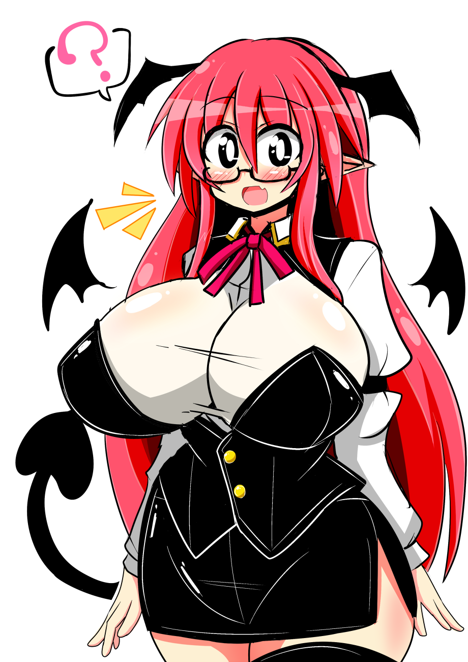 1girl bat_wings black_eyes blush breasts curvy demon_girl demon_tail demon_wings dress dress_shirt glasses head_wings highres huge_breasts koakuma long_hair looking_at_viewer open_mouth redhead rindou_(p41neko) shirt skirt skirt_set smile solo tail thick_thighs touhou vest wide_hips wings