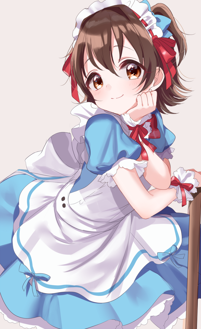 1girl akagi_miria apron blue_bow blue_dress blush bow bowtie brown_eyes brown_hair dress grey_background hand_on_own_cheek head_rest headdress highres idolmaster idolmaster_cinderella_girls light_blue_dress looking_at_viewer maid_apron maid_headdress misumi_(macaroni) puffy_short_sleeves puffy_sleeves red_bow red_neckwear red_ribbon ribbon short_hair short_sleeves smile solo