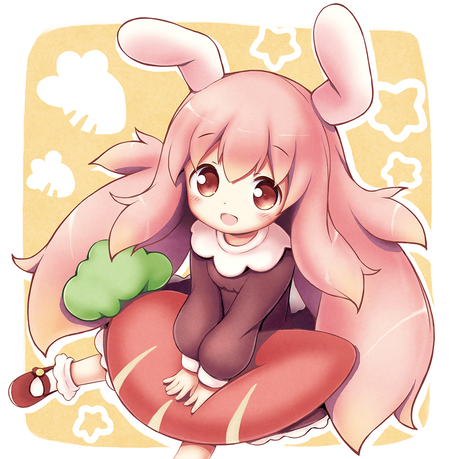 1girl :d aikei_ake animal_ears bangs blush bobby_socks brown_dress brown_eyes commentary_request dress eyebrows_visible_through_hair hair_between_eyes long_hair long_sleeves looking_at_viewer mary_janes open_mouth original pink_hair puffy_long_sleeves puffy_sleeves rabbit_ears red_footwear shoes smile socks solo star stuffed_carrot stuffed_toy very_long_hair white_legwear