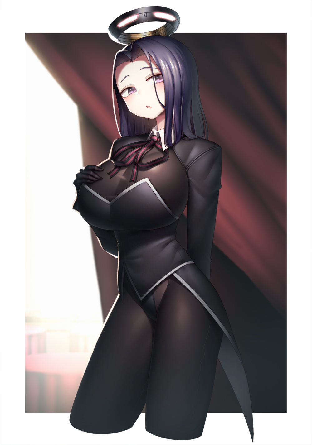 1girl :o black_gloves black_leotard blurry blurry_background breasts brown_legwear commentary_request contrapposto curtains depth_of_field gloves halo hand_on_own_chest hand_up harau highres kantai_collection large_breasts leotard long_sleeves looking_at_viewer mechanical_halo neck_ribbon pantyhose parted_lips purple_hair red_neckwear red_ribbon ribbon solo standing tatsuta_(kantai_collection) violet_eyes