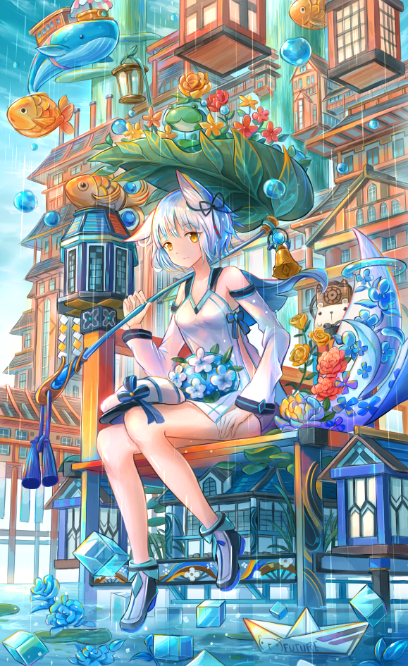 1girl animal_ears bell blush closed_mouth cube eyebrows_visible_through_hair fish fox_ears frog hat hat_removed headwear_removed kutsunohito leaf long_sleeves looking_at_viewer original outdoors paper_boat rain scenery short_hair sitting solo whale white_hair white_hat yellow_eyes