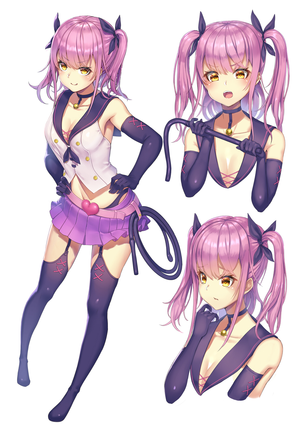 1girl :o asisuki bangs bell bell_choker black_choker black_gloves black_legwear black_neckwear black_ribbon breasts choker cleavage commentary_request dominatrix double-breasted elbow_gloves eyebrows_visible_through_hair garter_straps gloves hair_ribbon hands_on_hips heart highres holding_whip licking_lips medium_breasts multiple_views navel neckerchief original pink_hair pleated_skirt purple_skirt ribbon school_uniform serafuku simple_background skirt sleeveless swimsuit thigh-highs tongue tongue_out two_side_up upper_teeth v-shaped_eyebrows virtual_youtuber whip white_background yellow_eyes