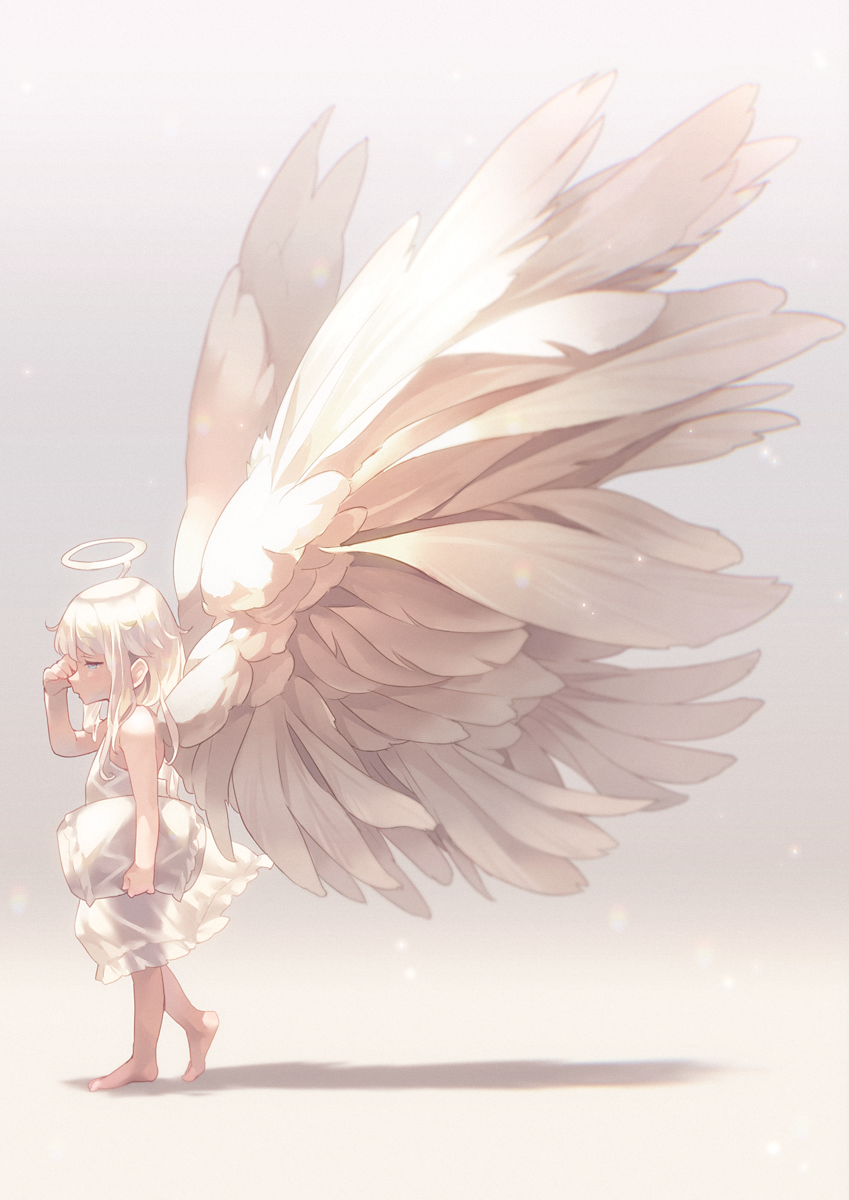 1girl barefoot blue_eyes child dress full_body halo highres holding long_hair narumi_arata original pillow profile rubbing_eyes shadow silver_hair simple_background solo walking white_dress white_wings wings