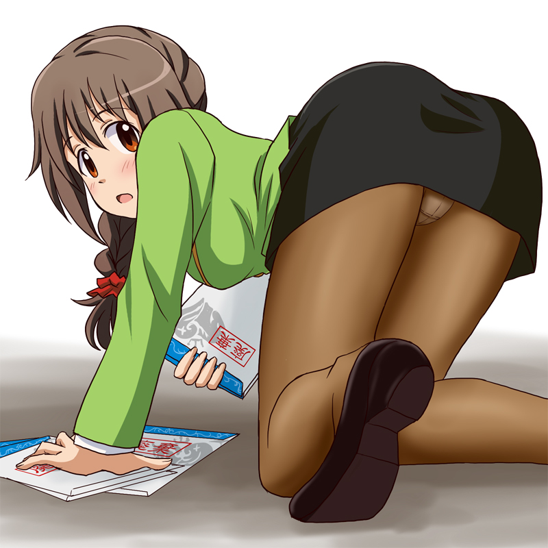 1girl :o all_fours ass black_footwear black_skirt blush braid brown_eyes brown_hair brown_legwear commentary_request crotch_seam eyebrows_visible_through_hair from_behind green_jacket hair_over_shoulder holding idolmaster idolmaster_cinderella_girls jacket lielos loafers long_hair long_sleeves looking_at_viewer looking_back miniskirt open_mouth panties panties_under_pantyhose pantyhose pencil_skirt scrunchie senkawa_chihiro shoes single_braid skirt solo underwear