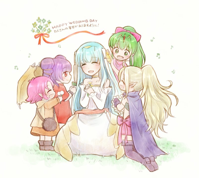 ahoge artist_request bare_shoulders blue_hair blush bouquet bride cape chiki circlet dragon_girl dragon_wings dress fa facial_mark fire_emblem fire_emblem:_fuuin_no_tsurugi fire_emblem:_kakusei fire_emblem:_mystery_of_the_emblem fire_emblem:_rekka_no_ken fire_emblem:_seima_no_kouseki fire_emblem_heroes flower forehead_mark gloves green_eyes green_hair hair_ornament long_hair mamkute multiple_girls myrrh navel ninian nowi_(fire_emblem) open_mouth pink_dress pink_hair pointy_ears ponytail purple_hair red_eyes short_dress short_hair simple_background smile thigh-highs twintails wedding_dress white_hair wings