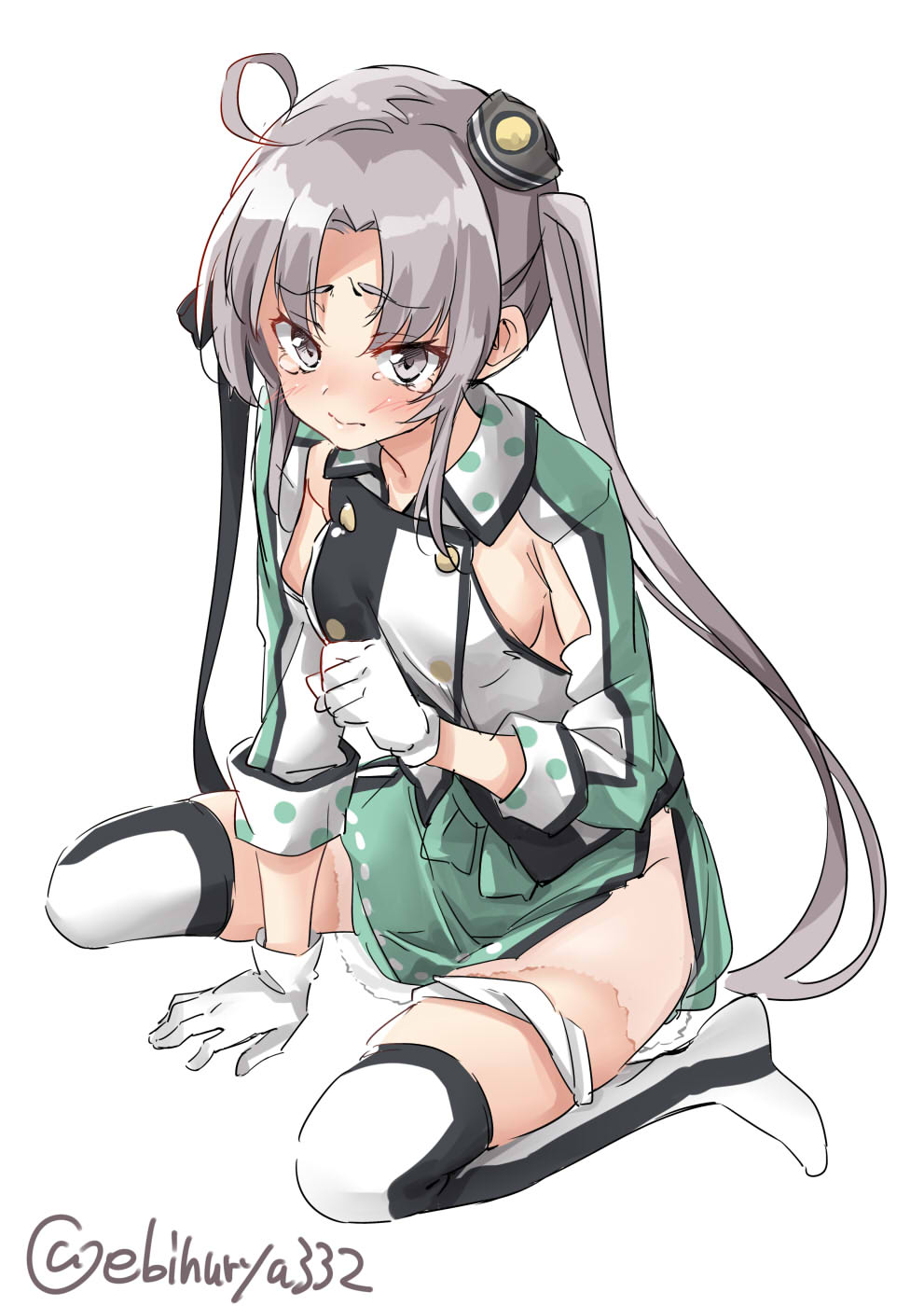 1girl ahoge akitsushima_(kantai_collection) blush breasts closed_mouth commentary_request ebifurya eyebrows_visible_through_hair gloves grey_eyes grey_hair hair_ornament highres kantai_collection long_hair looking_at_viewer miniskirt multicolored multicolored_clothes multicolored_legwear panties panties_around_leg side_ponytail sidelocks simple_background sitting skirt small_breasts solo thigh-highs twitter_username underwear wariza white_background white_gloves white_panties