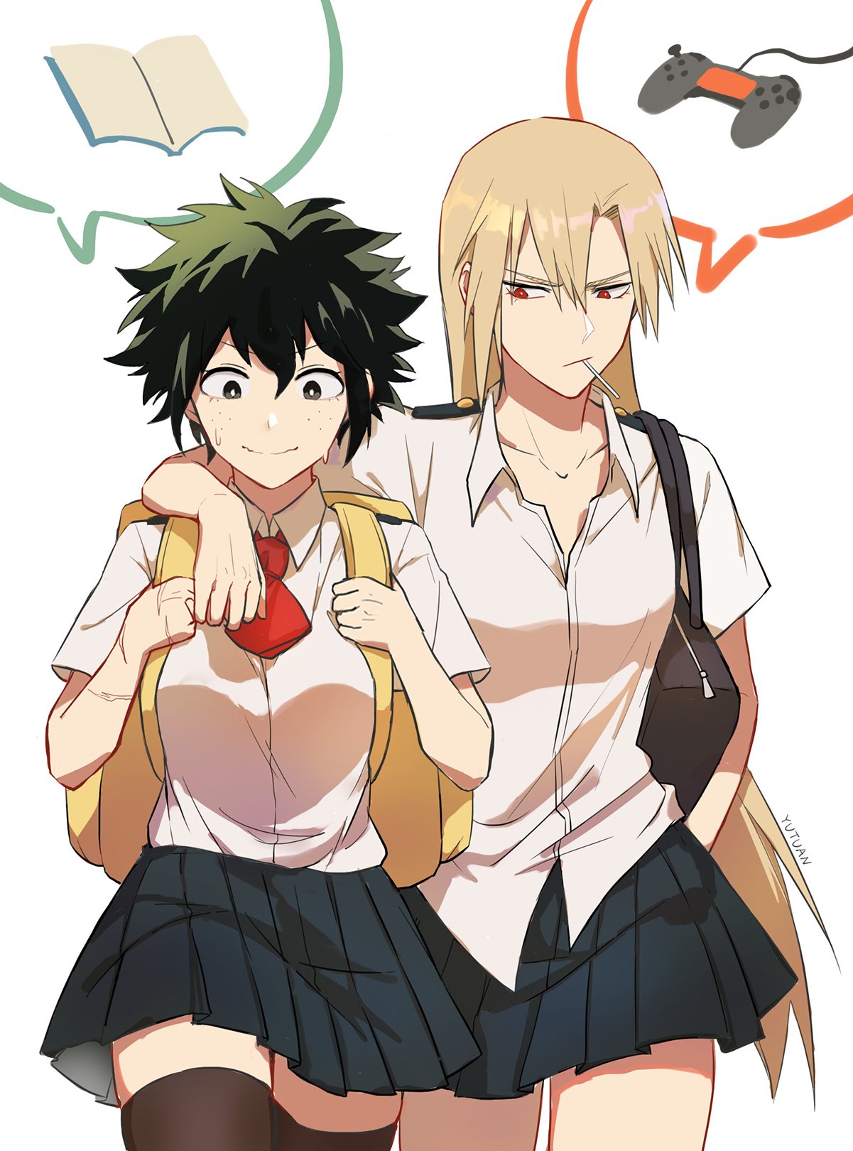 2girls artist_name backpack bag bakugou_katsuki bangs black_eyes black_legwear black_skirt blonde_hair boku_no_hero_academia closed_mouth freckles green_hair highres liyuchen1126 long_hair midoriya_izuku miniskirt mouth_hold multiple_girls nervous_smile parted_bangs pleated_skirt red_eyes red_neckwear scar school_uniform shirt shirt_tucked_in short_hair short_sleeves skirt spiky_hair sweat thigh-highs thought_bubble u.a._school_uniform untucked_shirt very_long_hair walking wavy_mouth white_shirt zettai_ryouiki