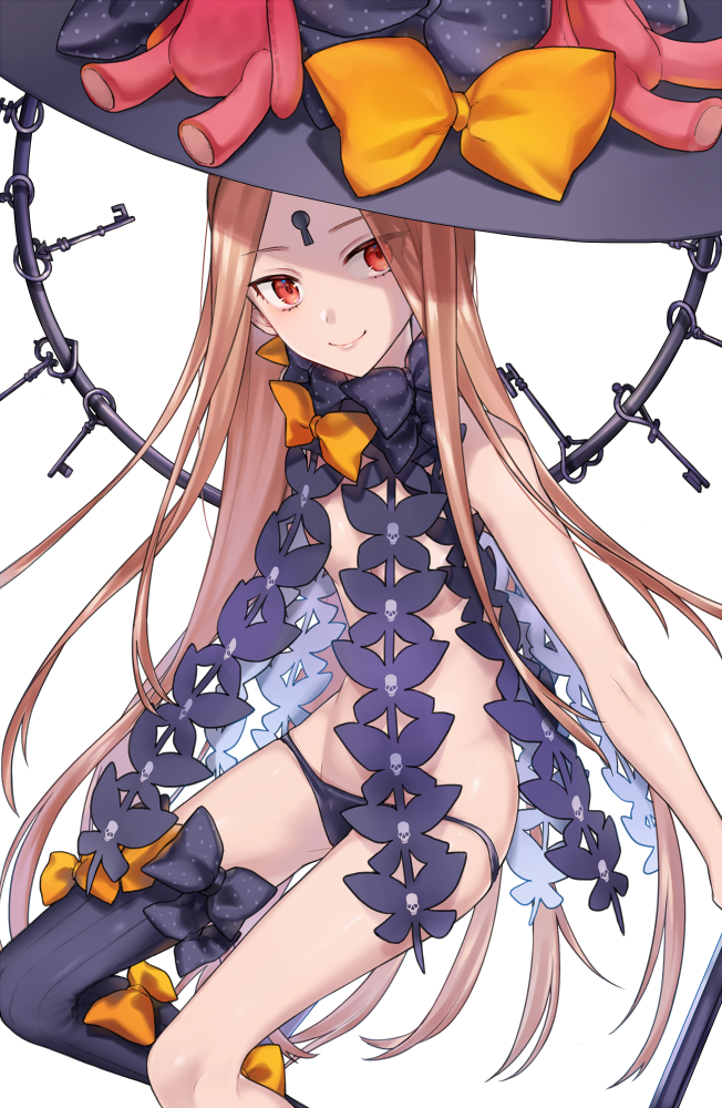 1girl abigail_williams_(fate/grand_order) asymmetrical_legwear bangs black_bow black_hat black_legwear black_panties blonde_hair bow closed_mouth commentary_request fate/grand_order fate_(series) hat hat_bow head_tilt key long_hair looking_at_viewer orange_bow panties parted_bangs red_eyes revealing_clothes shiao single_thighhigh sitting skull_print smile solo thigh-highs topless underwear very_long_hair witch_hat