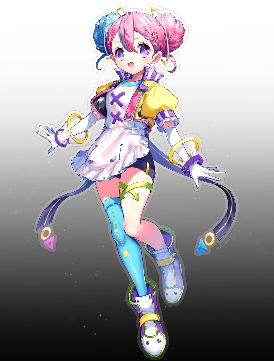 1girl :d apron artist_name blue_hair blue_legwear boots double_bun elbow_gloves frilled_skirt frills full_body gloves gradient gradient_background highres jacket looking_at_viewer mizumori_(xcllcx) multicolored multicolored_clothes multicolored_hair open_mouth original pink_hair puffy_sleeves short_sleeves single_thighhigh skirt smile solo strap thigh-highs thighlet two-tone_hair violet_eyes virtual_youtuber white_gloves
