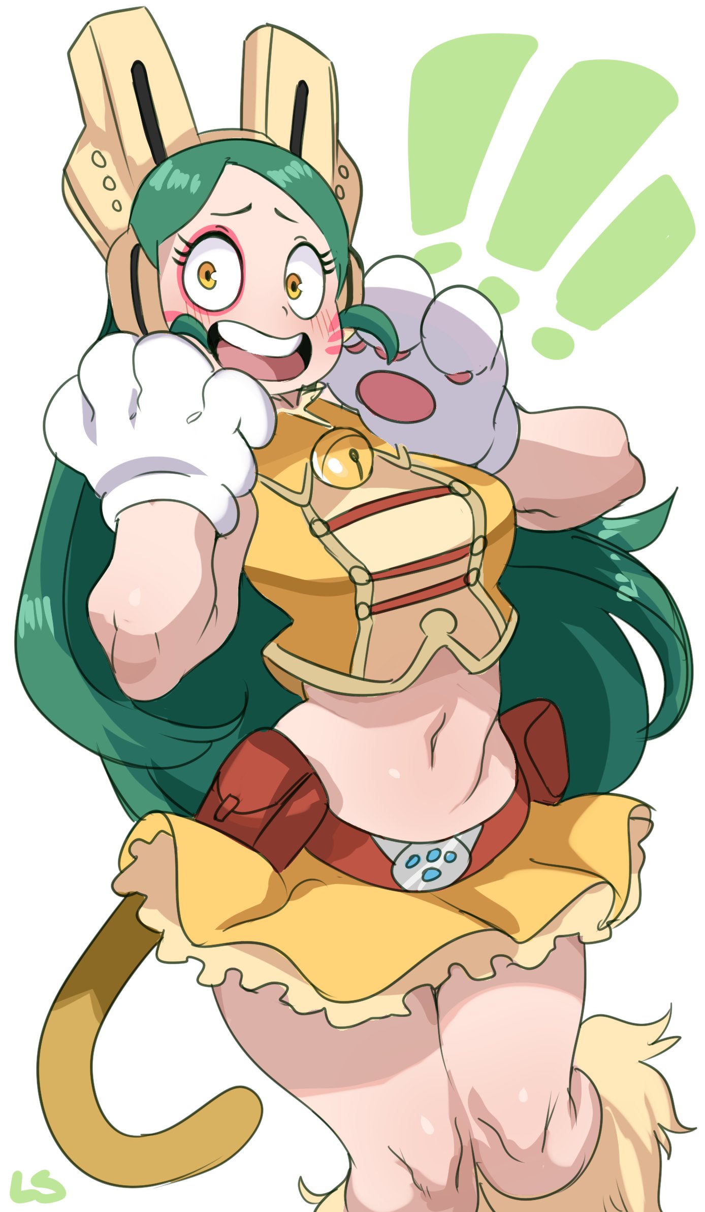 !! 1girl animal_ears aqua_hair bell blush boku_no_hero_academia breasts cat_ears cat_paws cat_tail frilled_skirt frills headphones highres jingle_bell lightsource long_hair looking_at_viewer midriff navel open_mouth paws pouch shiretoko_tomoko skirt stomach tail upper_teeth very_long_hair whisker_markings yellow_eyes