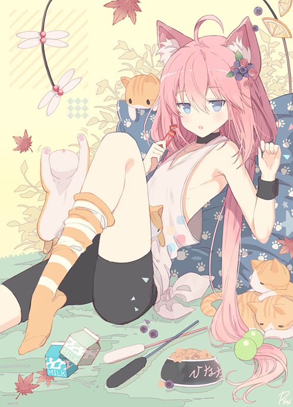 1girl :o ahoge animal animal_ears autumn_leaves bangs bare_shoulders bike_shorts black_choker black_shorts blue_eyes blueberry blush bowl bug cat cat_ears choker closed_eyes commentary_request dragonfly eyebrows_visible_through_hair fingernails food fruit hair_between_eyes hair_bobbles hair_ornament hands_up hinata_channel holding insect long_hair low_twintails milk_carton nekomiya_hinata parted_lips pet_bowl pillow pink_hair raspberry rednian short_shorts shorts sleeping solo striped striped_legwear tank_top thighhighs_pull twintails very_long_hair virtual_youtuber white_tank_top wristband