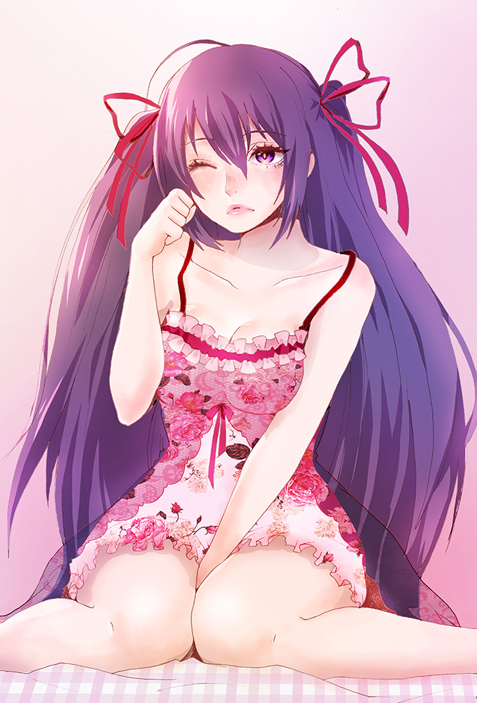 1girl arm_between_legs arm_up bangs blush breasts chechkered checkered_bed_sheet cleavage clenched_hand closed_mouth commentary date_a_live floral_print frown gradient gradient_background hair_between_eyes hair_ribbon lingerie lips long_hair medium_breasts nose_blush one_eye_closed pink_background pink_bed_sheet purple_hair red_ribbon ribbon shari_cote sitting solo underwear very_long_hair violet_eyes wariza yatogami_tooka