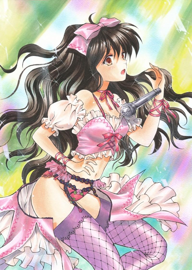 1girl black_hair bow brown_eyes cowboy_shot detached_sleeves frilled_skirt frills groin hair_bow lingerie long_hair marker_(medium) microphone navel open_mouth pink_bow pink_skirt puffy_short_sleeves puffy_sleeves purple_legwear short_sleeves skirt skirt_removed solo standing tegaki_no_yuu thigh-highs traditional_media underwear very_long_hair