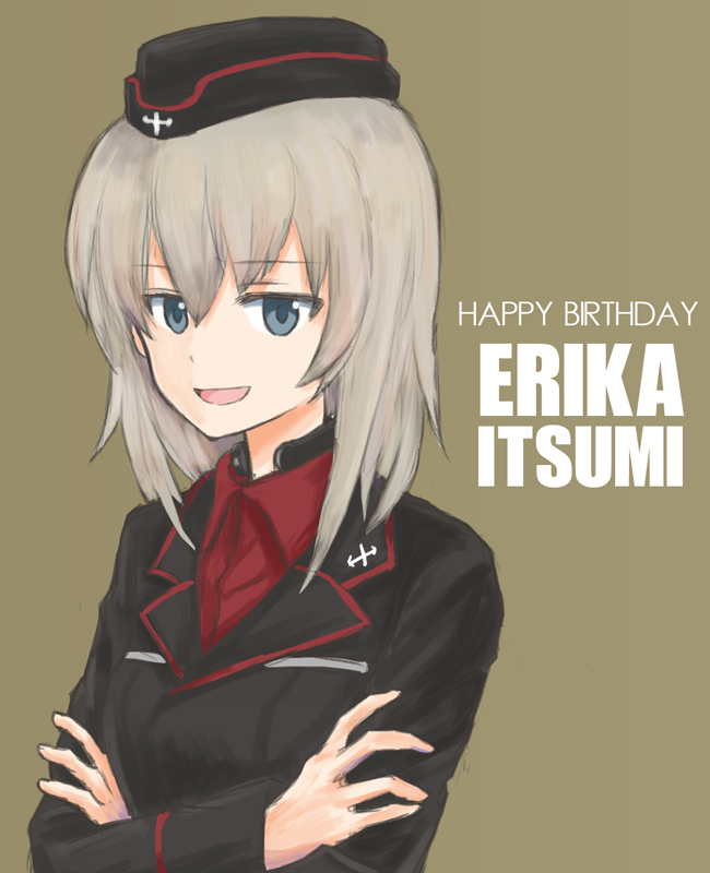 1girl bangs black_hat black_jacket blue_eyes brown_background character_name commentary crossed_arms dress_shirt english eyebrows_visible_through_hair garrison_cap girls_und_panzer happy_birthday hat itsumi_erika jacket kuromorimine_military_uniform long_hair long_sleeves looking_at_viewer military military_hat military_uniform mutsu_(layergreen) open_mouth red_shirt shirt silver_hair simple_background smile solo standing throat_microphone uniform upper_body wing_collar