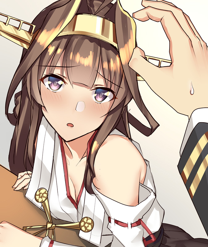 1girl bare_shoulders breasts brown_hair detached_sleeves double_bun eyebrows_visible_through_hair hair_between_eyes hairband headgear japanese_clothes kantai_collection kongou_(kantai_collection) long_hair nontraditional_miko pallad remodel_(kantai_collection) ribbon-trimmed_sleeves ribbon_trim skirt violet_eyes