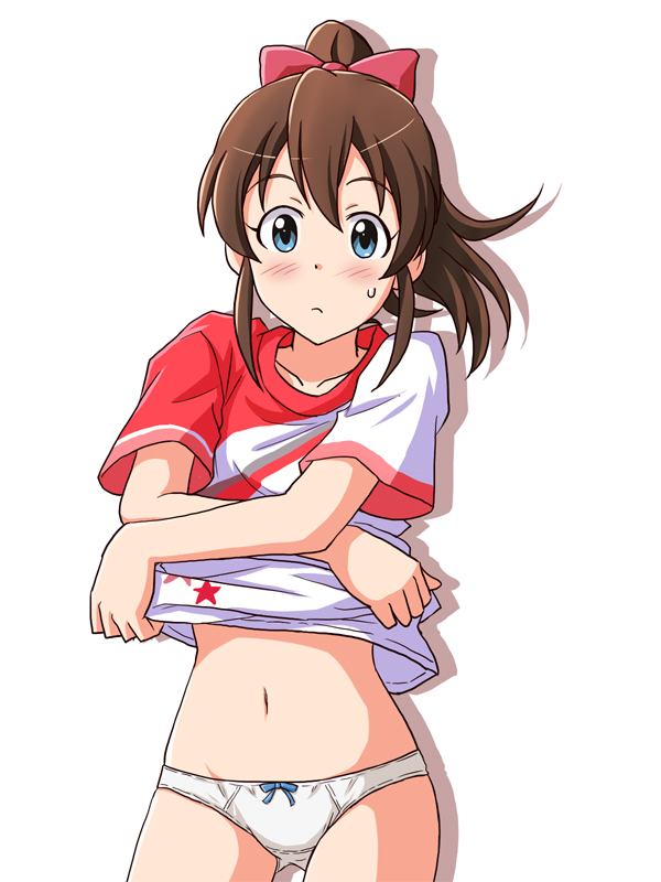 1girl bangs blue_eyes blush bow bow_panties brown_hair closed_mouth commentary_request cowboy_shot crotch_seam frown hair_bow idolmaster idolmaster_million_live! idolmaster_million_live!_theater_days lielos lifted_by_self looking_at_viewer medium_hair navel no_pants panties ponytail red_bow red_shirt satake_minako shadow shirt shirt_lift short_sleeves simple_background solo standing sweatdrop t-shirt underwear undressing white_background white_panties
