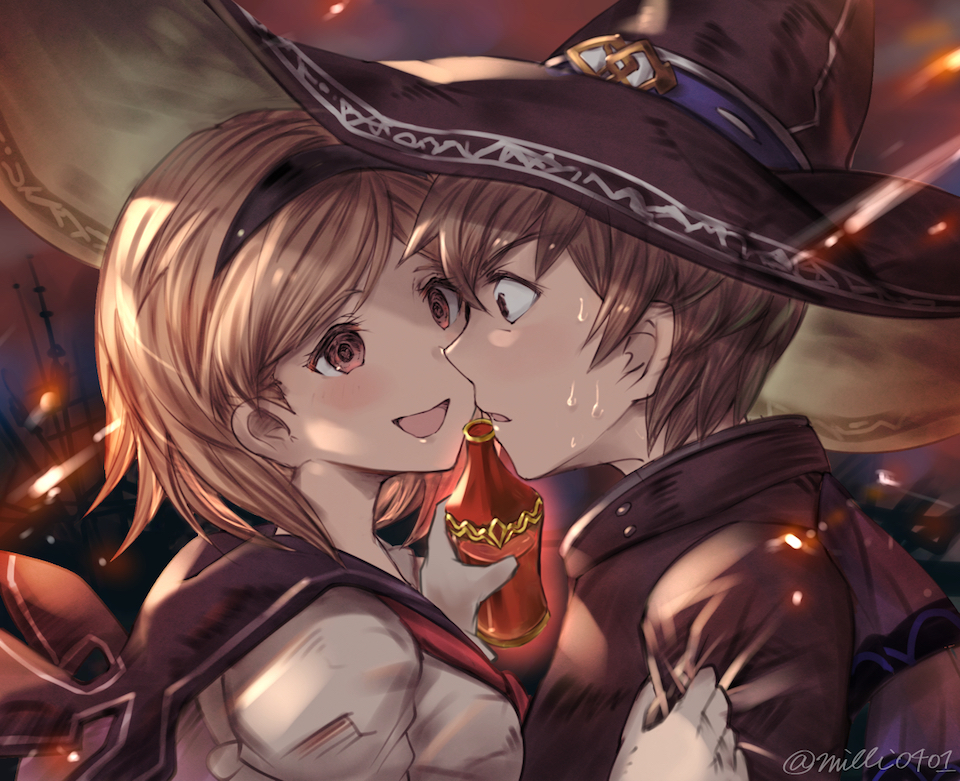 blonde_hair commentary_request djeeta_(granblue_fantasy) gloves gran_(granblue_fantasy) granblue_fantasy hairband hat heart heart-shaped_pupils milli_little potion school_uniform serafuku short_hair symbol-shaped_pupils upper_body warlock_(granblue_fantasy) witch_hat