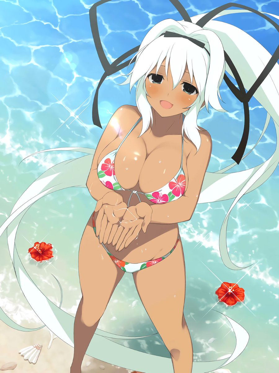 1girl absurdly_long_hair beach bikini black_eyes black_ribbon breasts cleavage dark_skin flower hair_ribbon hibiscus highres large_breasts long_hair looking_at_viewer official_art open_mouth ponytail ribbon senran_kagura_(series) senran_kagura_new_wave smile solo standing swimsuit very_long_hair water white_hair yaegashi_nan yuyaki_(senran_kagura)