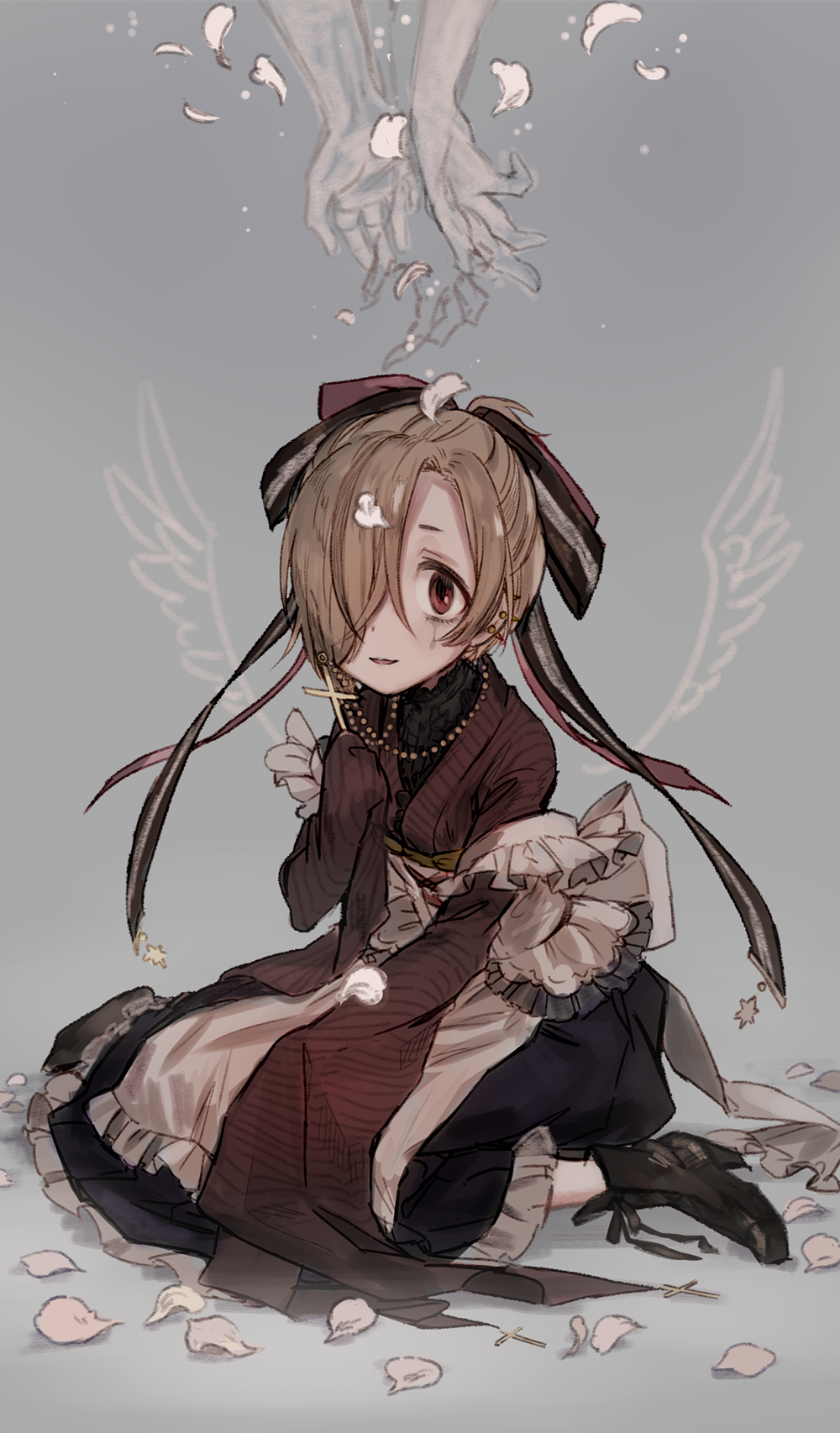 1girl angel_wings apron blonde_hair boots cross cross_necklace ear_piercing earrings fake_wings feathers frilled_apron frills full_body hair_over_one_eye hair_ribbon hakama hands high_heel_boots high_heels highres holding_cross idolmaster idolmaster_cinderella_girls japanese_clothes jewelry kimono long_ribbon looking_at_viewer maid_apron necklace parted_lips piercing red_eyes ribbon shirasaka_koume short_hair simple_background sitting sleeves_past_fingers sleeves_past_wrists solo tamaext tears wa_maid waist_apron waitress wariza white_apron wide_sleeves wings