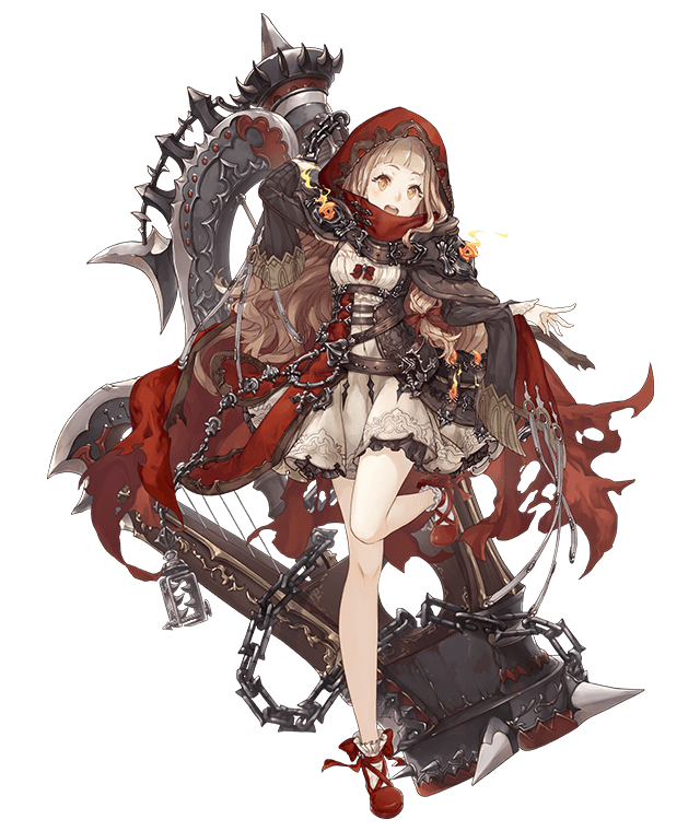 1girl belt belt_pouch blonde_hair chains frilled_skirt frills full_body harp high_collar hood hood_up instrument jino little_red_riding_hood_(sinoalice) long_hair looking_at_viewer mary_janes official_art orange_eyes shoes sinoalice skirt solo standing standing_on_one_leg transparent_background