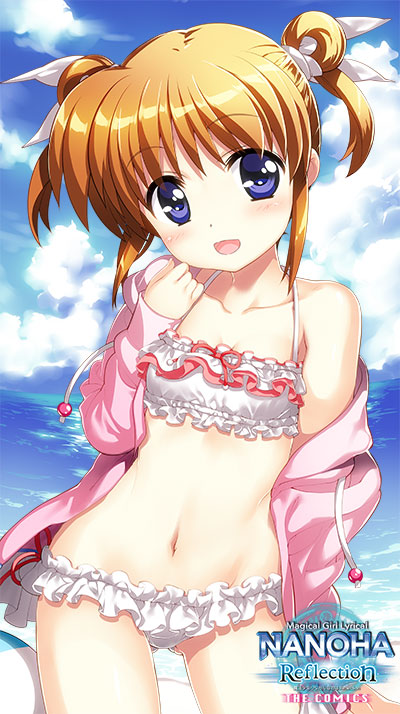 1girl bikini blue_sky blush brown_hair clouds collarbone cowboy_shot eyebrows_visible_through_hair frilled_bikini frills fujima_takuya gluteal_fold jacket legs_apart looking_at_viewer lyrical_nanoha mahou_shoujo_lyrical_nanoha navel ocean off_shoulder official_art open_mouth outdoors shiny shiny_hair shiny_skin sky solo standing swimsuit takamachi_nanoha twintails violet_eyes water