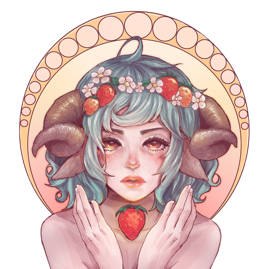 1girl ahoge androgynous animal_ears blue_hair blush commentary flower freckles hair_flower hair_ornament hands_up head_wreath horns lips looking_at_viewer nude original parted_lips shari_cote sheep_ears sheep_girl sheep_horns short_hair solo white_flower