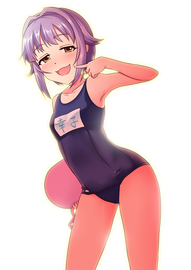 1girl :d bangs bare_arms bare_shoulders blue_swimsuit blush breasts brown_eyes collarbone commentary_request eyebrows_visible_through_hair finger_to_mouth hair_flaps idolmaster idolmaster_cinderella_girls koshimizu_sachiko leaning_forward momoda_yasuhito name_tag old_school_swimsuit one-piece_swimsuit open_mouth outline purple_hair school_swimsuit short_hair sidelocks small_breasts smile solo swimsuit white_background yellow_outline