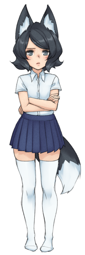 1girl animal_ears bangs black_hair blue_skirt blush closed_mouth collared_shirt crossed_arms fox_ears fox_tail full_body grey_eyes looking_at_viewer mono_(monorus) monorus no_shoes original pleated_skirt shirt short_hair short_sleeves simple_background skirt solo swept_bangs tail thigh-highs white_background white_legwear white_shirt wing_collar zettai_ryouiki