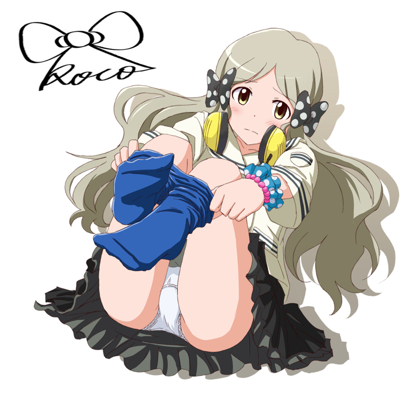 1girl black_bow black_skirt blue_legwear bow bracelet character_name closed_mouth commentary_request crotch_seam frilled_skirt frills from_above frown grey_hair hair_bow handa_roko headphones headphones_around_neck idolmaster idolmaster_million_live! jewelry lielos long_hair looking_at_viewer lying miniskirt on_back panties pantyhose pantyhose_pull pantyshot polka_dot polka_dot_bow shadow shirt short_sleeves signature simple_background skirt solo thighs underwear white_background white_panties white_shirt yellow_eyes