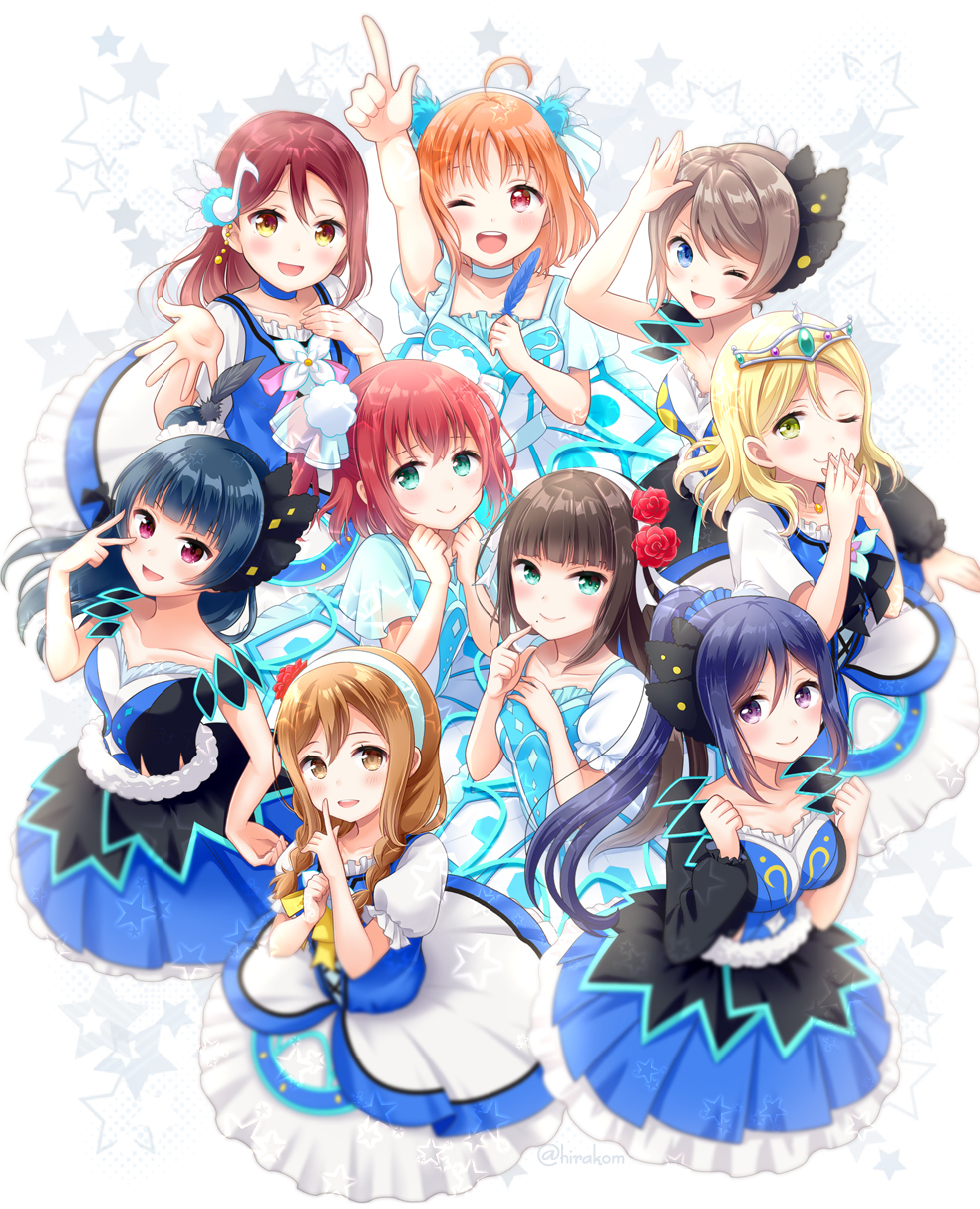 6+girls :d ;d aqua_eyes bangs black_feathers black_neckwear blonde_hair blue_choker blue_dress blue_eyes blue_feathers blue_hair blue_scrunchie blunt_bangs blush brown_eyes brown_hair choker clenched_hands cross-laced_clothes dress earrings feathers finger_to_cheek flower frilled_sleeves frills ganbaru_pose green_eyes grey_hair hair_feathers hair_flower hair_ornament hair_ribbon hair_up hairband hand_on_hip hand_on_own_chest hands_together hands_up highres hirako holding_feather index_finger_raised interlocked_fingers jewelry kunikida_hanamaru kurosawa_dia kurosawa_ruby long_hair long_sleeves love_live! love_live!_sunshine!! matsuura_kanan medium_hair mole mole_under_mouth multiple_girls musical_note_hair_ornament neck_ribbon necklace ohara_mari one_eye_closed open_mouth orange_hair pointing pointing_up pom_pom_(clothes) ponytail red_eyes red_flower red_rose redhead ribbon rose sakurauchi_riko salute short_hair short_sleeves side_bun single_sleeve sleeveless smile star takami_chika tiara tsushima_yoshiko two_side_up v_over_eye violet_eyes watanabe_you water_blue_new_world white_ribbon white_scrunchie