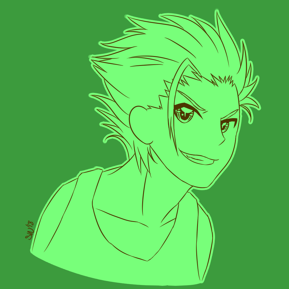 1boy borrowed_character fang green_background monochrome nyx_ravencroft original short_hair simple_background sinamuna smirk solo spiky_hair tank_top vampire