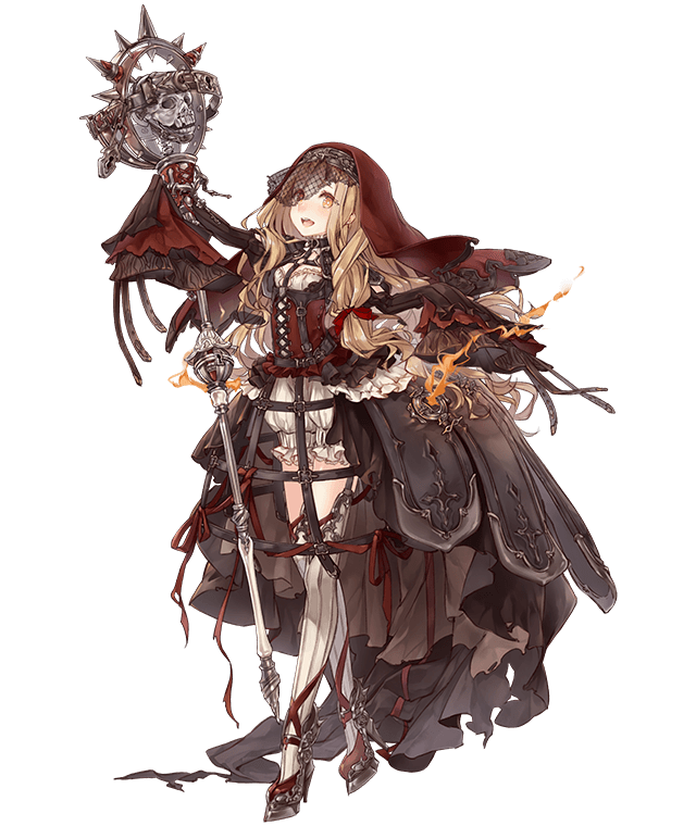 1girl blonde_hair boots corset dress frills full_body high_heels holding holding_staff jino little_red_riding_hood_(sinoalice) lock long_hair looking_at_viewer official_art orange_eyes padlock sinoalice skull sleeves_past_wrists solo staff thigh-highs thigh_boots transparent_background veil walking