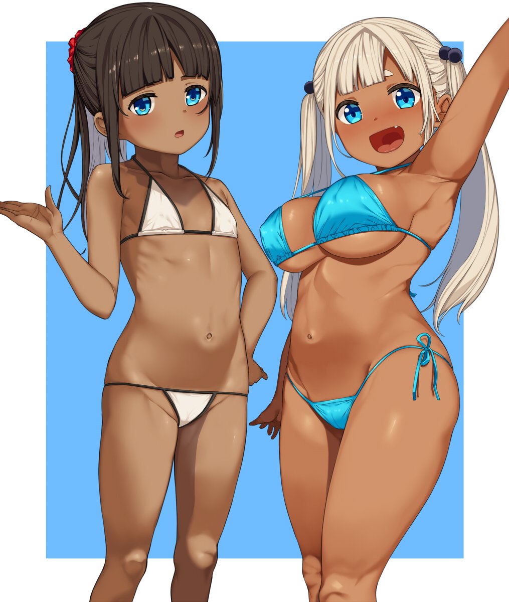 2girls :d arm_at_side arm_up armpits bangs bikini black_hair blue_bikini blue_eyes blunt_bangs breasts dark_skin fang flat_chest hai_ookami hair_bobbles hair_ornament hand_on_hip hand_up highres large_breasts light_brown_hair long_hair looking_at_viewer multiple_girls navel open_mouth original outside_border ponytail side-tie_bikini simple_background smile strap_gap string_bikini swimsuit twintails white_bikini