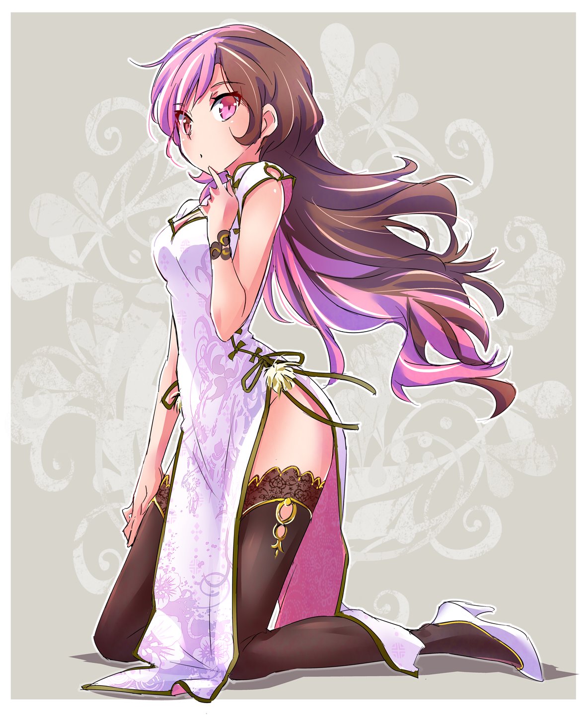 1girl black_legwear breasts brown_hair china_dress chinese_clothes dress finger_to_mouth full_body hand_on_own_thigh high_heels highres iesupa kneeling long_hair medium_breasts multicolored_hair neo_(rwby) pelvic_curtain pink_eyes pink_hair rwby side_slit solo thigh-highs two-tone_hair white_dress wristband