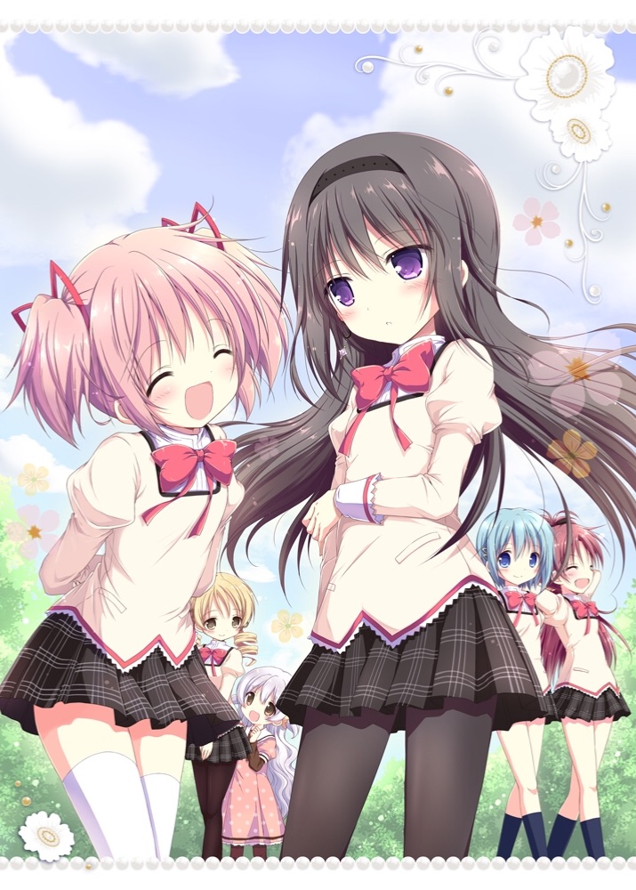 6+girls :d akemi_homura arms_behind_back arms_behind_head black_hair black_hairband black_legwear black_skirt blonde_hair blue_eyes blue_hair blue_legwear blue_sky blush bow bowtie bush closed_eyes dress flower hair_ribbon hairband kaname_madoka long_hair long_sleeves mahou_shoujo_madoka_magica miki_sayaka mitakihara_school_uniform momoe_nagisa multiple_girls nanase_miori open_mouth outdoors pantyhose pink_dress pink_hair pleated_skirt polka_dot polka_dot_dress ponytail puffy_sleeves purple_eyes red_hair red_neckwear red_ribbon ribbon sakura_kyouko school_uniform short_hair silver_hair skirt sky smile thigh-highs tomoe_mami tree twintails two_side_up walking white_legwear yellow_eyes