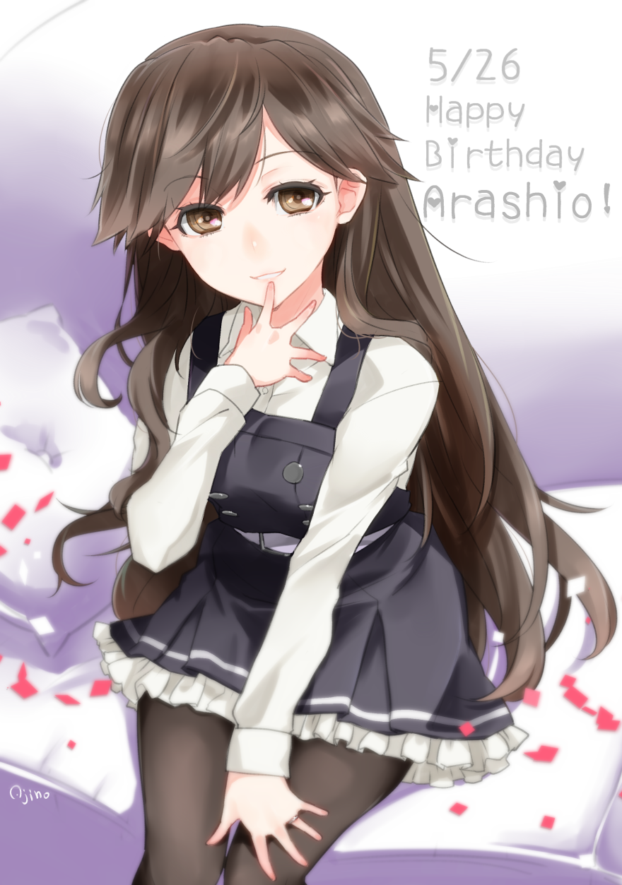 1girl ajino_(sakanahen) arashio_(kantai_collection) bed belt birthday black_legwear breasts brown_eyes brown_hair cushion dress finger_to_mouth frilled_dress frills highres kantai_collection lips long_hair long_sleeves looking_at_viewer pantyhose petals pinafore_dress rose_petals shirt signature sitting smile solo white_shirt