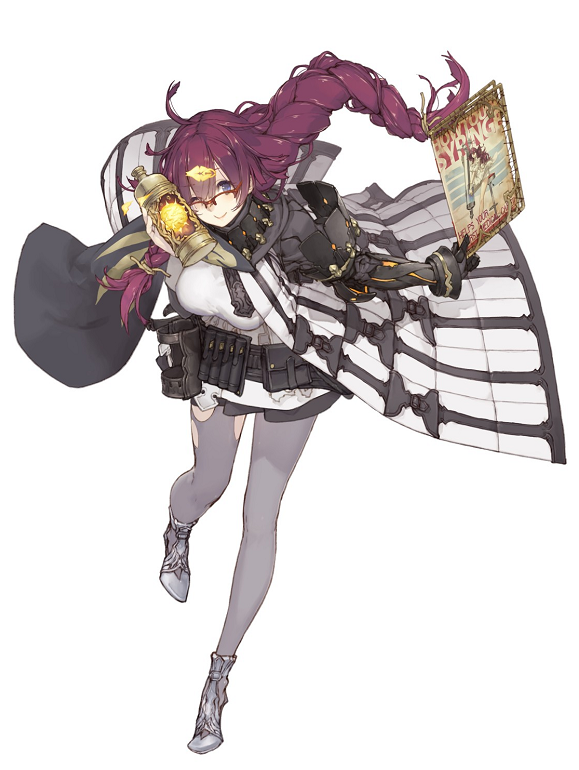 1girl asymmetrical_gloves blue_eyes braid breasts canister dorothy_(sinoalice) full_body glasses gloves hair_ornament hairclip jino large_breasts long_hair looking_at_viewer magazine messy_hair official_art one_eye_closed pantyhose purple_hair sinoalice smile solo tool_belt torn_clothes torn_pantyhose white_background
