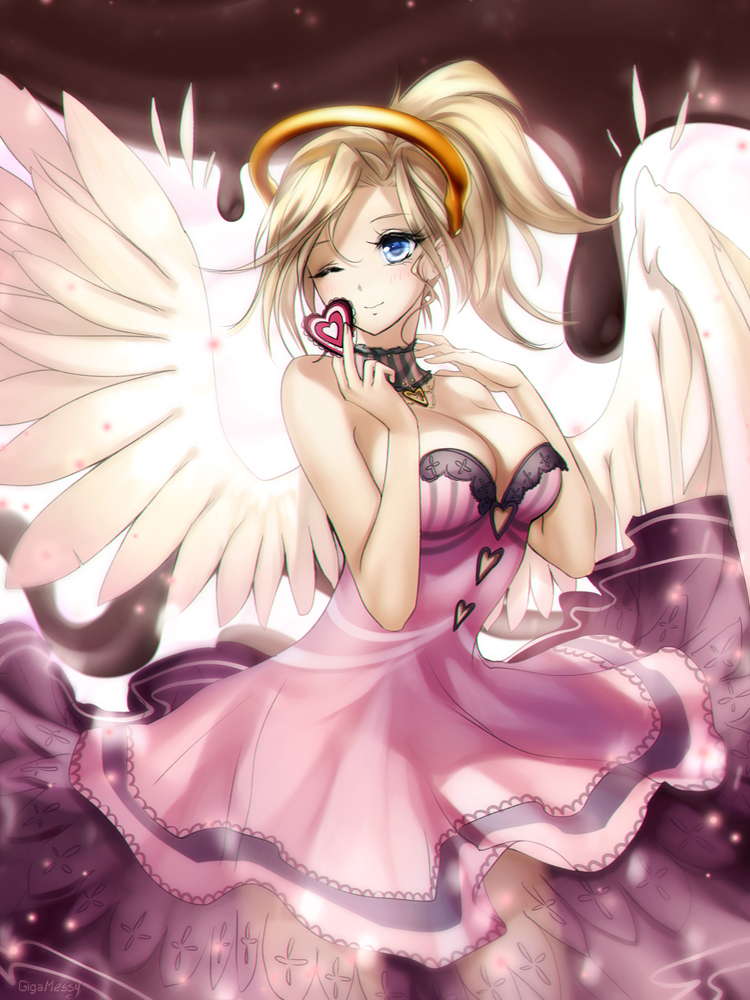 1girl alternate_costume alternate_wings bare_shoulders blonde_hair blue_eyes breasts chocolate choker cleavage closed_eyes commentary cowboy_shot dress english_commentary gigamessy heart high_ponytail holding light_particles looking_at_viewer mechanical_halo medium_breasts medium_hair mercy_(overwatch) overwatch pink_dress ponytail sleeveless smile solo strapless strapless_dress valentine wings