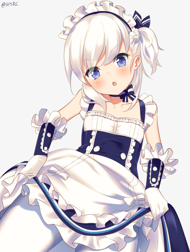 1girl :o apron bangs blue_bow blue_eyes blush bow breasts character_request collarbone copyright_request cowboy_shot dress eyebrows_visible_through_hair frilled_gloves frilled_skirt frills gloves looking_at_viewer maid maid_apron maid_headdress one_side_up open_mouth pantyhose ribbon simple_background skirt skirt_hold sleeveless small_breasts solo standing takashiru twitter_username v-shaped_eyebrows waist_apron white_background white_gloves white_hair white_legwear