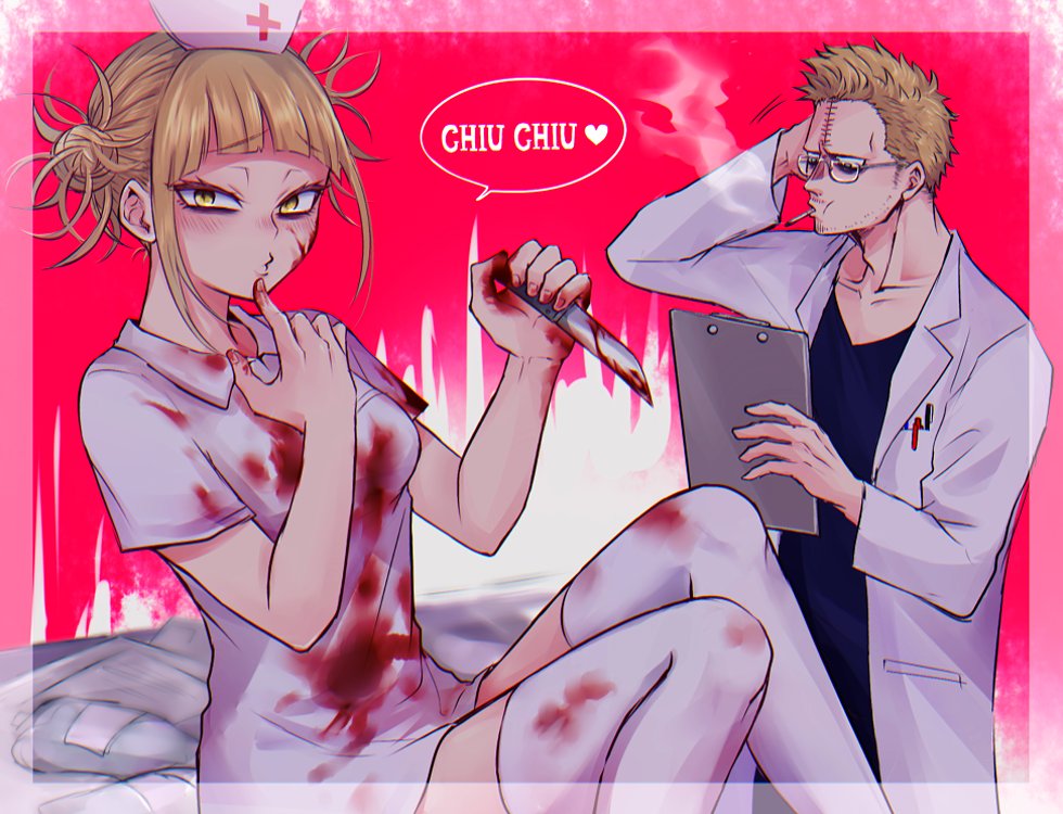 1boy 1girl bangs blonde_hair blood bloody_clothes bloody_hands bloody_knife blush boku_no_hero_academia bubaigawara_jin cigarette crest doctor double_bun drzn facial_hair finger_to_mouth glasses hat heart holding holding_knife knife looking_at_viewer nurse nurse_cap pen scar scratching_head short_hair sidelocks smoke smoking speech_bubble stitches stubble thigh-highs toga_himiko tsurime white_coat white_legwear yellow_eyes zettai_ryouiki