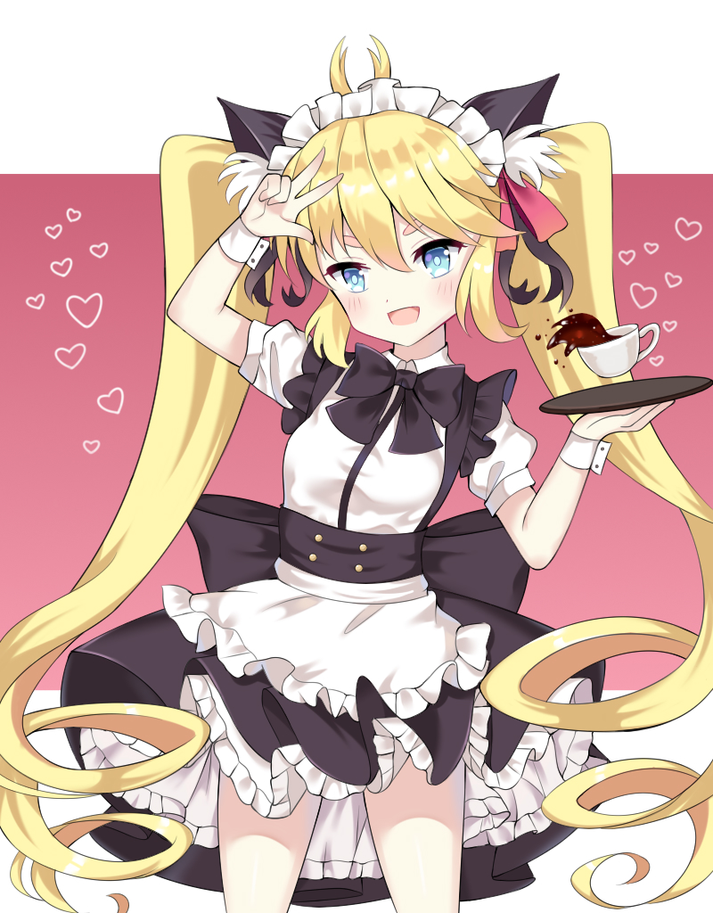 1girl :d andrea_doria_(zhan_jian_shao_nyu) animal_ears apron arm_up bangs black_bow black_skirt blonde_hair blue_eyes blush bow breasts cat_ears collared_shirt commentary_request cup frilled_apron frills hair_between_eyes head_tilt heart holding holding_tray jiucheng_nainai maid maid_headdress open_mouth puffy_short_sleeves puffy_sleeves ringlets shirt short_sleeves sidelocks skirt small_breasts smile solo teacup thick_eyebrows tray twintails v v-shaped_eyebrows waist_apron white_apron white_shirt wrist_cuffs zhan_jian_shao_nyu